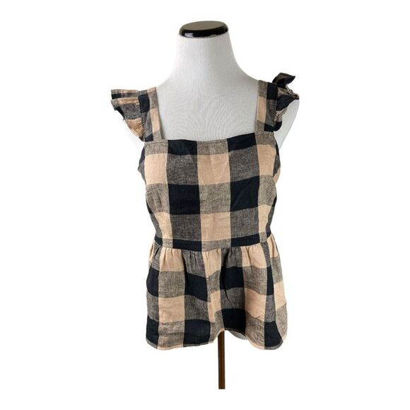 Who What Wear Black Tan Check Peplum Tank Top Sleeveless Size M Ruffles Linen - Picture 1 of 7
